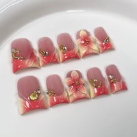10pcs French Duck Bill Fake Nails 3D Heart Ruby Nail Art Metal Rhinestone Handmade Press on Nails Luxurious Romantic False Nails