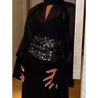 Chiffon Sequin Patchwork Black Dress Women's O-neck High Waist Sexy Evening Dress Elegant Spring Slim Fit Pleated Long Dresses