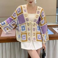 Granny Square Crochet Top Tie Front Cardigan Oversized Blouse Women Summer Beach Bikini Cover Up Bohemian Vacation Outfit