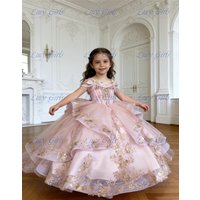Gorgeous Gold Applique Flower Girl Dress for Wedding Layered Girls Pageant Dress with Long Bow Tassel Girls Ball Gown Dresses