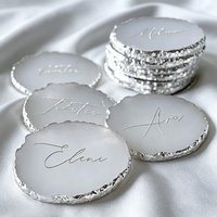 Personalized Wedding Place Cards Silver Rim Resin Coasters Wedding Favors for Guests, Birthday Party Favors
