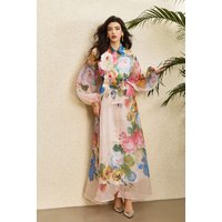 Boho 3D Floral Print Organza Long Shirt Dress Women Lapel Lantern Sleeve Button Down Lace Up Maxi Dress Summer Holiday Robes