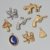 3pcs/lot 18k Gold Plated Cat Moon Stainless Steel DIY Charms Women Jewelry Pistol Mushroom Leopard Pizza Necklace Pendants
