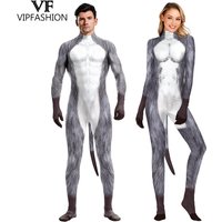 VIP FASHION Fancy Animal Costume Man Woman Halloween Jumpsuit Couples Pet Dog Print Zentai Bodysuit with Tail 3D Cosplay Clothes