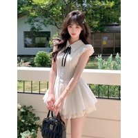 College Style White Pleated Princess Dress Women Summer 2026 Sweet Spicy Gentle Short Skirt High Waist Flounce Sleeve Pure Color