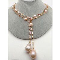 KKGEM 50" Cultured 16x24mm Pink keshi Baroque Pearl Mixed Color Rectangle Cz Pave sweater chain Long Chain Necklace