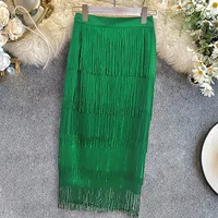 Green Patchwork Tassel Women Skirt High Waisted Bodycon Midi Robes Plus Size Elastic Skirts Africa Ladies Slim Skirts