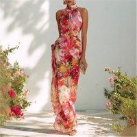 Fashion Floral Print Slim Long Dress Woman Elegant Halter Off Shoulder Dresses Summer Sleeveless Bodycon Holiday Party Dress