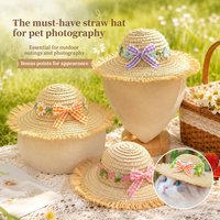 Pet Summer Hats, Sun-Shading Straw Hats for Cats & Dogs Edges, Bowknots & Daisies, Fresh Stylish Cool Summer Headwear for Pets