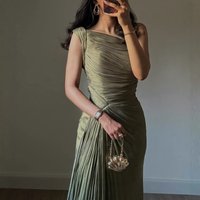 Prom Gown Women Party Long Dress Elegant Party Dresses Ruffle Train Evening Gown One Shoulder Maxi Dress Metallic Olive Green