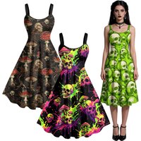 XXS-3XL Gothic Dresses Women Summer Sleeveless Skull Mushroom Print Midi Dress Vestidos
