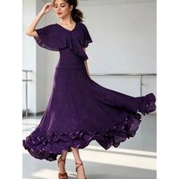 Women's Flamenco Dance Set V Neck Cape Short Sleeve Ruched Waist Sparkle Mesh 360° Long Maxi Skirt Ballroom Latin Performance