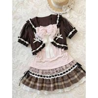 Y2k Sweet Japanese Outfits Women Vintage Lolita Ruffle Tops High Waist Skirt Suits Kawaii Casual 3 Piece Sets