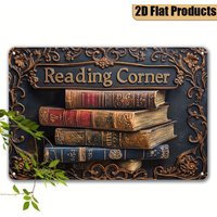 1pc 2D Flat Vintage "Reading Corner" Metal Sign - 19.99x30.0cm Book Stack Farmhouse Home Office Decor Gift