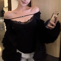 Sexy V-ausschnitt Stilvolle Spitze Gespleißt T-shirts Frühling Herbst Einfarbig frauen Kleidung Slash Neck Schlank Langarm Grundlegende Pullover