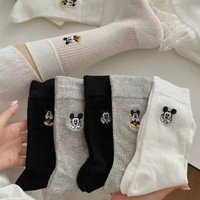 6 Pairs of Disney Cute Mickey Mouse Embroidered Women's Socks Cartoon Fun Street Style Solid Color Ribbed Cotton Mid Tube Socks