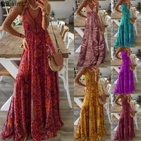 New 2026 Women's Summer Boho Long Dress Elegant V Neck Party Dresses Vintage Printed Sleeveless Sexy Slim Maxi Beach Dress Mujer