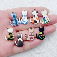 12pcs Cartoon Enamel Cat Animal Charm Cute Gold Metal Pendant, Used for DIY Necklace Bracelet Jewelry Making