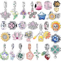 Original 925 Sterling Silver Gorgeous Lotus Sunflower Rose Iris Daisy Pendant Bead fit Women DIY Bracelet Necklace Jewelry Gift