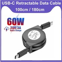 200cm PD 60W USB C Retractable Data Cord,USB-C to Type-C Fast Charging Cable For Macbook Phone Switch Tablets and More