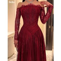 Bella Maßgeschneidertes schulterfreies Abendkleid aus Tüll mit Spitzenstickerei, Ballkleid, Burgunderrot, Vintage, romantisches Hochzeitskleid, Partykleid