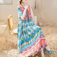 Women's Vintage Print V-Neck Versatile Floral Dress Summer Loose Plus Size Bohemian Dress