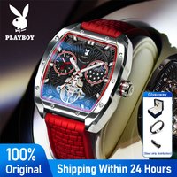 PLAYBOY Luxury Watches Man Skeleton Tonneau Automatic Mechanical Watch Silicone Strap Waterproof Business Watches For Man 3058