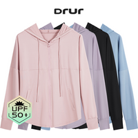 DRUR UPF 50+ Hooded Running Jacket Sun Protection Full Zip Long Sleeve Lightweight Gym Shirt Quick Dry Hiking Yoga Coat Autumn