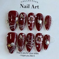24pcs Fashion Almond Press on Nails Tips Cute Flower Design Wine Long False Nails Diamond Shell Stick on Nail Acrylic Fake Nail