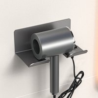1pc Gun Metal Wall-Mounted Hair Dryer Holder, Space-Saving No-Drill Aluminum Bracket with Plug Slot for Bathroom/Hotel/Room