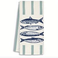 1pc Sardine & Sage Green Stripe Printed Kitchen Towel,Soft Absorbent Hand Towel,Perfect for Bathroom,Kitchen, Seafood Lover Gift