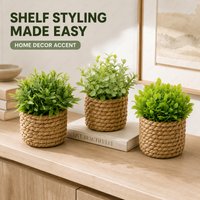 Green Artificial Eucalyptus Potted Plant 11cm PE Fake Grass in Woven Basket Pot for Desktop Home Office Party Decor