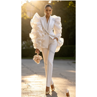 White Women Suit Pants Set 2 Pcs Blazer+Trousers Puffy Sleeves Spring Cotton Formal Office Lady Jacket Customized Wedding Coat