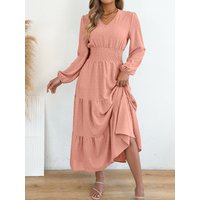 Elegant Plain V Neck Elastic Waist Lantern Long Sleeve Ruffled Dresses for Women Spring Autumn Casual Maxi Dress Pink Khaki