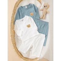 Newborn Boy Cute Cartoon Teddy Bear Embroidered Long Sleeve T-Shirt & Pants Soft Elastic Knit Blue and White Striped Autumn Sty