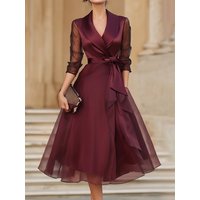 Spring Summer Mesh Patchwork Simple Maxi Dress Women V Neck Three Quarter Sleeve Chic Lace-Up Holiday Streetwear Dress Vestidos