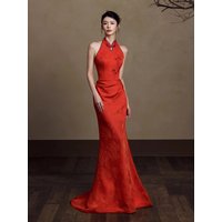 Red Chinese Sle Morning Robe Ne Hanging High End Bride Qipao Engagement Dr Fi Tail Wedding Return Home Drinking Costume