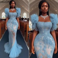Blue Lace Women's Evening Gown Elegant Mermaid Square Neck Wedding Party Dress African Formal Bridesmaid Dress Customization