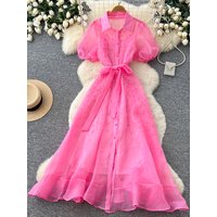 Korean Style Pink Lantern Sleeve Mesh Dress Women's Summer Belted Breathable Short Sleeve Waist Cinched A-Line Elegant Long D...