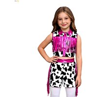 Girls Print Western Cowgirl Hippie Carnival Cosplay Costumes Metallic Fringed Cropped Closure Top with Side Tassel Shorts Outfit