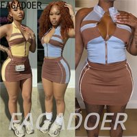 FAGADOER Streetwear Color Patchwork Mini Skirts 2 Piece Sets Y2K Cool Girl Zipper Stand Collar Halter Top + Bodycon Skirts Suits