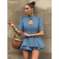 Clacive Fashion Slim Blue 2 Pieces Set For Woman 2026 Elegant Short Sleeve Shirt With High Waist Mini Skirt Set Female Clothing