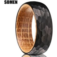 Somen 8mm Hammered Brushed Black Tungsten Carbide Ring For Men Barrel Wood Inner Inlay Wedding Band Anniversary Jewelry Gift