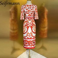 Seifrmann Casual Printed Silk Hip Dress Round Neck Short Sleeve Waist Dress 2026 Summer Fashion Women's Clothing