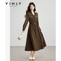 VIMLY Robe longue marron vintage ethnique pour femme, robe d'automne brodée à col rabattu et manches longues, vêtements féminins élégants 31821