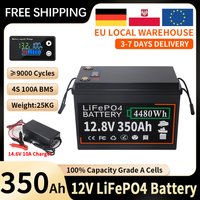 12V 350Ah LiFePO4 Lithium-Batterie mit 100A BMS, 4480Wh wiederaufladbare Lithium-Eisenphosphat-Batterie, bis zu 9000 Zyklen, Deep-Cycle-Batterie für Wohnmobile, Camping & Off-Grid