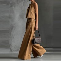 Backless Hollow Commuting Outfit Simple Solid Hanging Neck Top and Wide Leg Pants 2pc Set Women Summer Casual Loose Suit