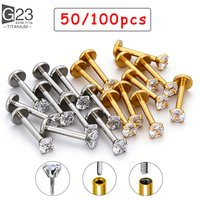 50/100Pcs ASTM F136 Titanium Labret Piercing 16G Flatback CZ Ear Lip Stud Cartilage Tragus Earring Tongue stud Body Jewelry