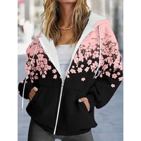 Oversized flower patterned pocket drawstring hooded jacket, autumn and winter casual long sleeved jacket, women's plus size clot