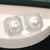 Huitan Imitation Pearl Stud Earrings for Women Elegant Wedding Engagement Accessories Trendy Full Bright CZ Charming Jewelry